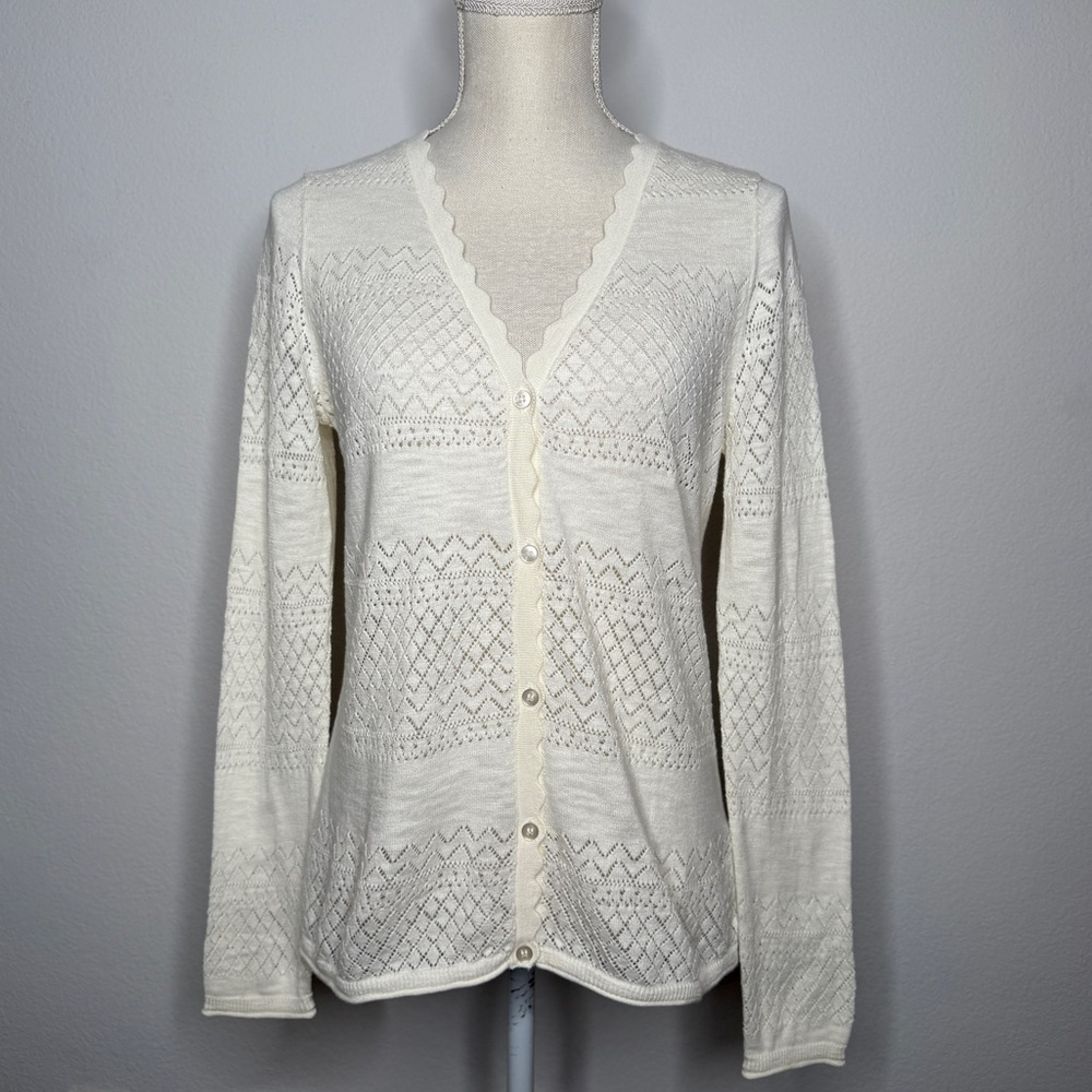 Frye Cream Scalloped V‑Neck Open Knit Cotton Button Front Cardigan Size S